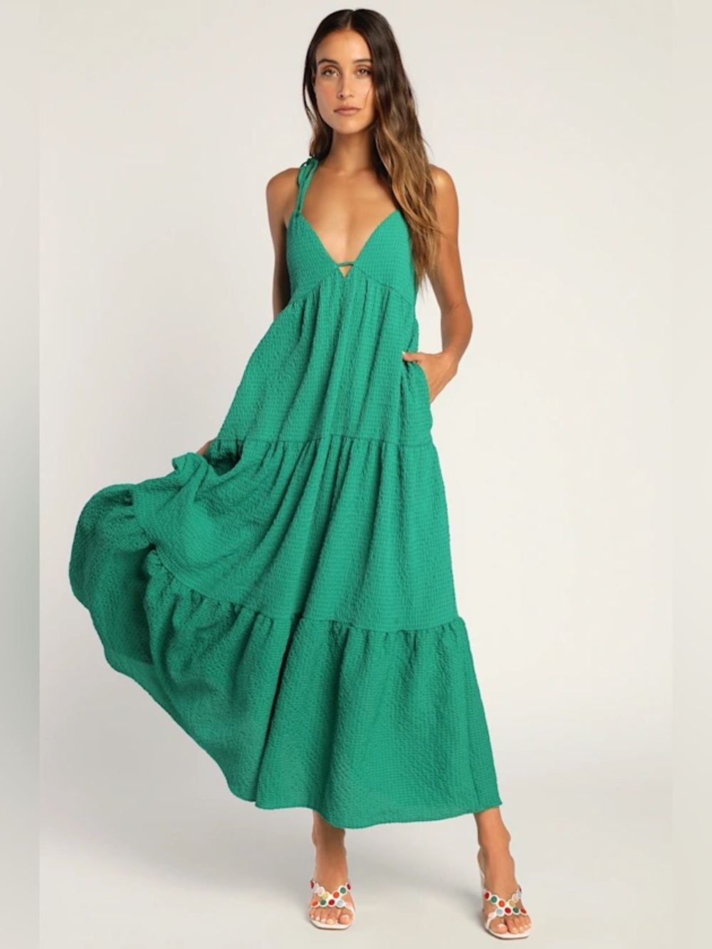 Let the Sun Beam Green Tie-Strap Tiered Midi Dress With Pockets